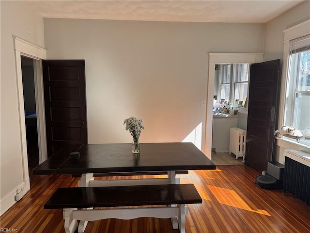 dining space with radiator and wood finished floors