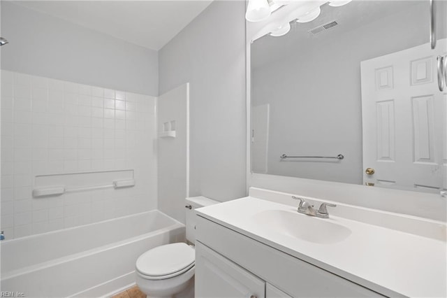 full bathroom with visible vents, shower / bathing tub combination, vanity, and toilet