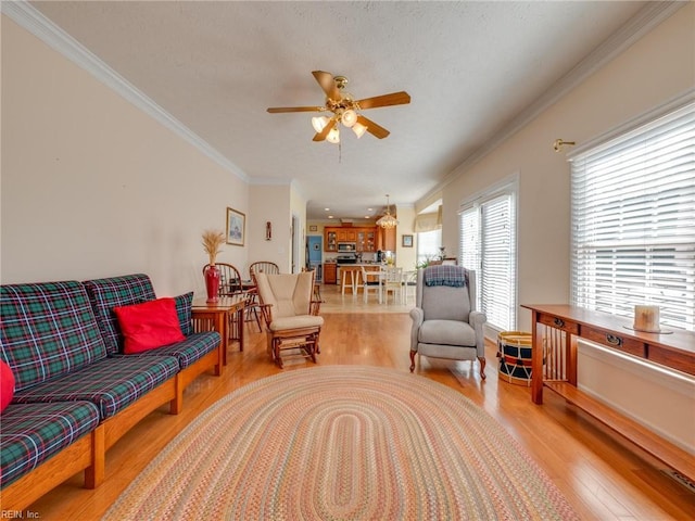 sitting room with a ceiling fan, crown molding, a textured ceiling, and light wood finished floors