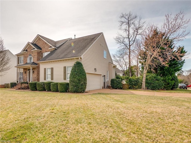 view of home's exterior with driveway, an attached garage, a yard, central AC, and brick siding