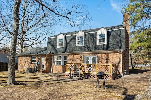 dutch colonial featuring crawl space, a deck, a gambrel roof, and brick siding