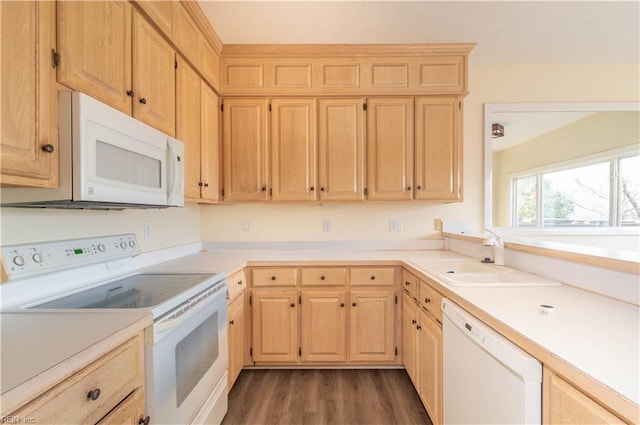 kitchen with light brown cabinetry, white appliances, a sink, and light countertops