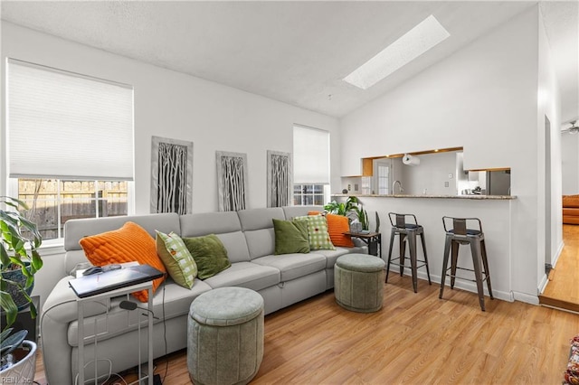 living area with vaulted ceiling with skylight and wood finished floors