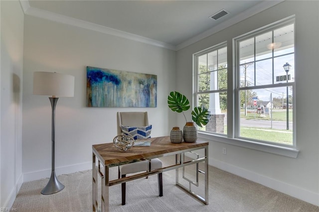 home office with ornamental molding, carpet, visible vents, and baseboards