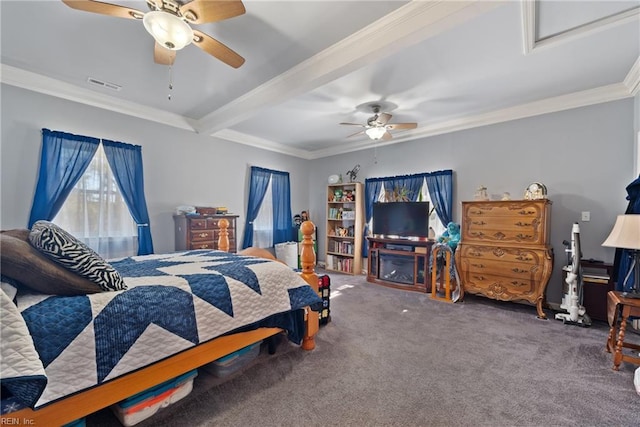 carpeted bedroom featuring a ceiling fan, visible vents, beamed ceiling, and ornamental molding