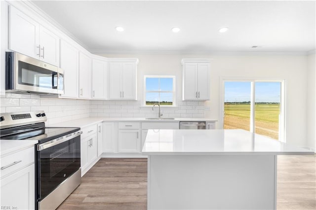 kitchen with ornamental molding, stainless steel appliances, light countertops, light wood-type flooring, and a sink