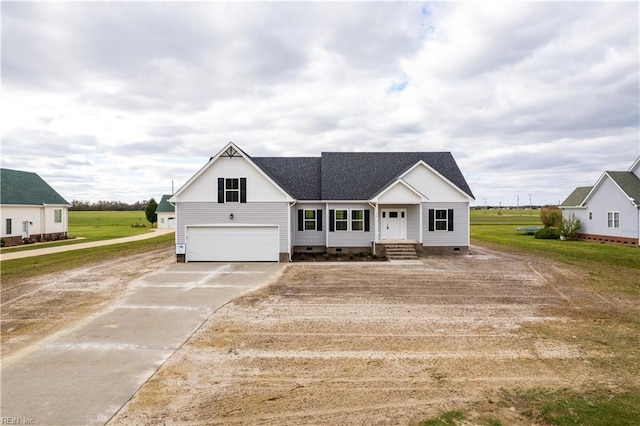 modern farmhouse featuring an attached garage, driveway, crawl space, roof with shingles, and board and batten siding