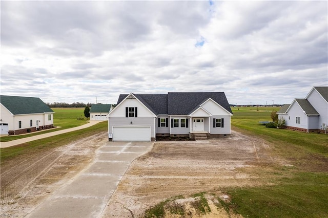 modern inspired farmhouse with a garage, driveway, and crawl space