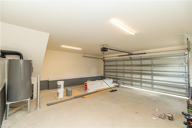 garage featuring gas water heater and a garage door opener