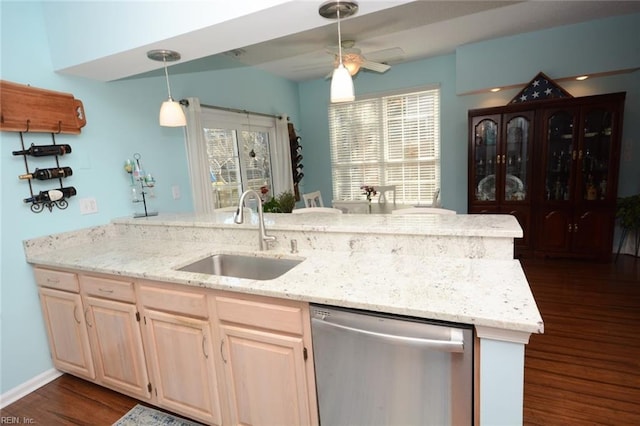 kitchen featuring light brown cabinets, dark wood-style flooring, a sink, stainless steel dishwasher, and plenty of natural light