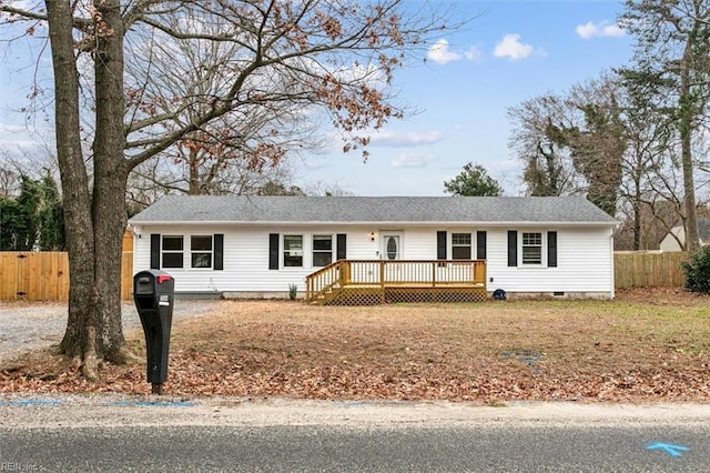 single story home with a deck, crawl space, and fence