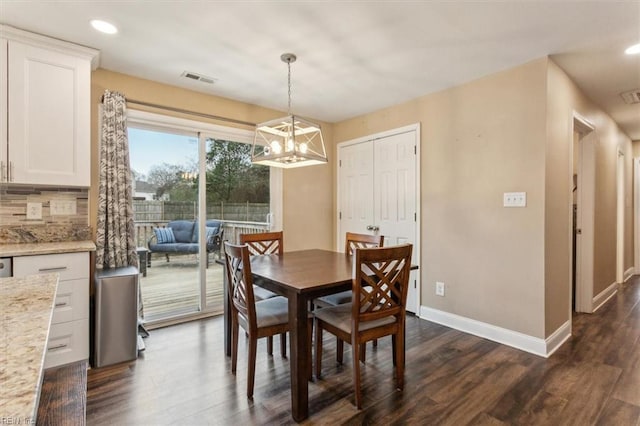 dining space featuring dark wood-style flooring, recessed lighting, visible vents, and baseboards