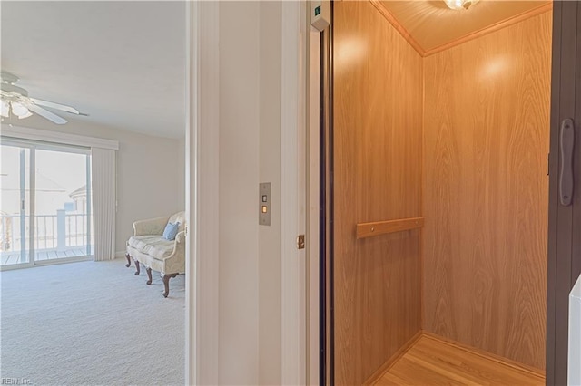 interior space with light carpet and elevator