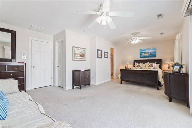 bedroom with ceiling fan, baseboards, visible vents, and light colored carpet