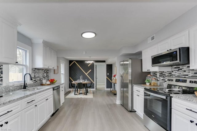 kitchen with appliances with stainless steel finishes, white cabinets, a sink, and visible vents