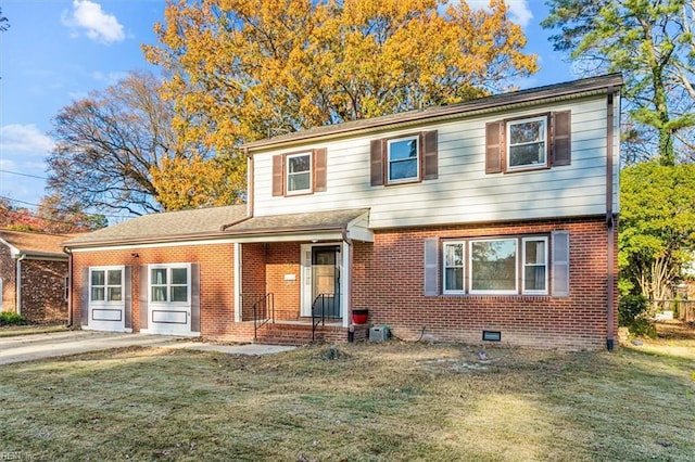 view of front facade featuring driveway, brick siding, a front lawn, and an attached garage