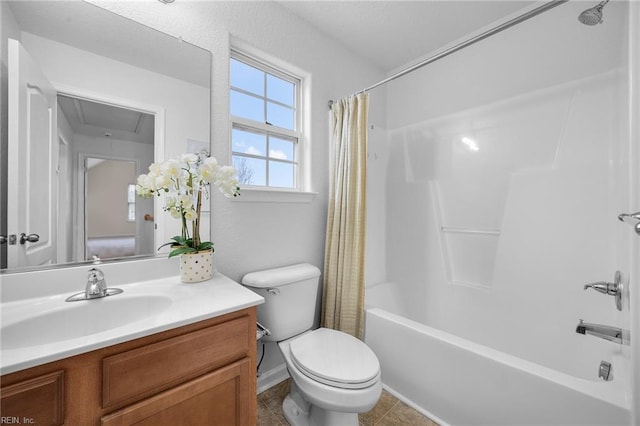 full bathroom featuring tile patterned floors, vanity, toilet, and shower / bathtub combination with curtain