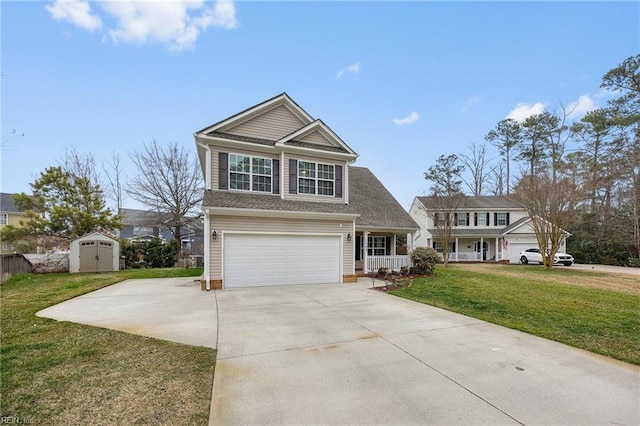 view of front of home with concrete driveway, covered porch, an attached garage, a front yard, and a shed