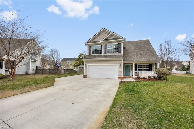 view of front facade featuring a garage, concrete driveway, fence, a porch, and a front yard