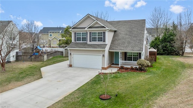 view of front of property with driveway, roof with shingles, an attached garage, covered porch, and a front lawn