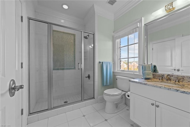 full bathroom with visible vents, toilet, crown molding, vanity, and a shower stall