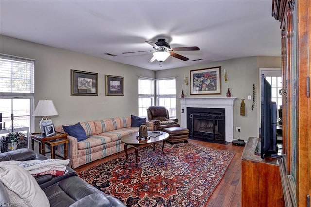 living area featuring hardwood / wood-style floors, a fireplace with flush hearth, and a healthy amount of sunlight