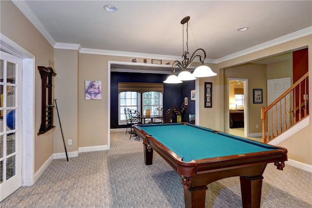 game room with pool table, ornamental molding, carpet, and baseboards