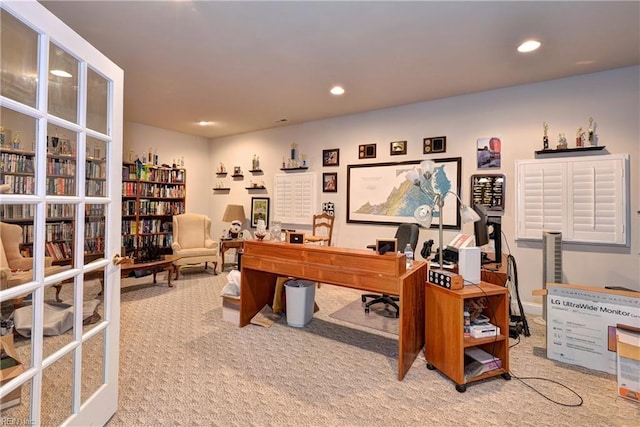 carpeted home office with recessed lighting