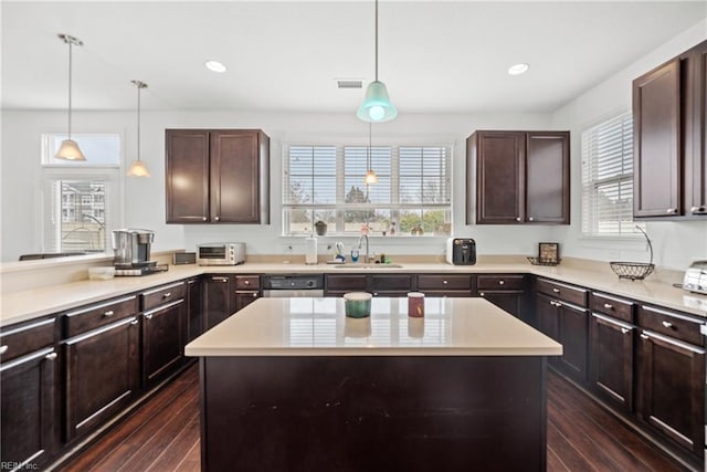 kitchen featuring dark brown cabinetry, dark wood-style flooring, and a sink