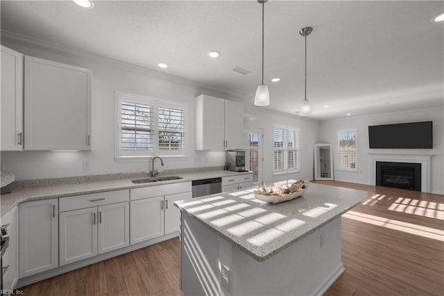 kitchen featuring ornamental molding, wood finished floors, a center island, a sink, and stainless steel dishwasher