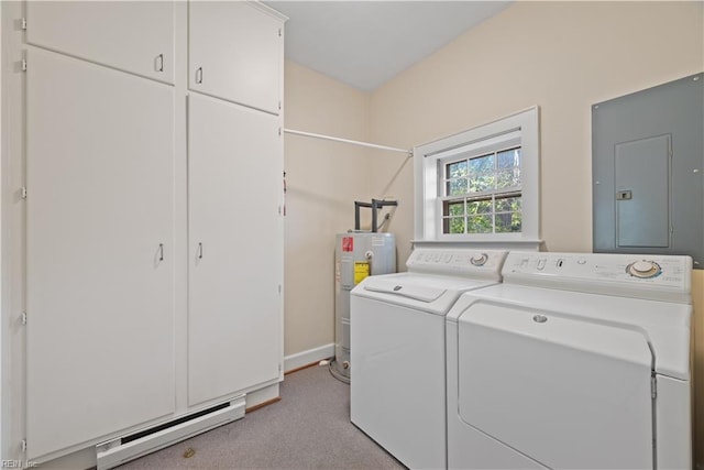 laundry area featuring washer and clothes dryer, water heater, cabinet space, a baseboard heating unit, and electric panel