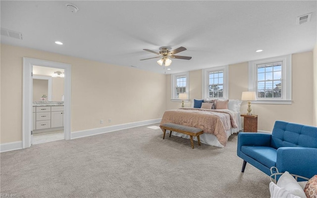 bedroom featuring baseboards, recessed lighting, visible vents, and light colored carpet