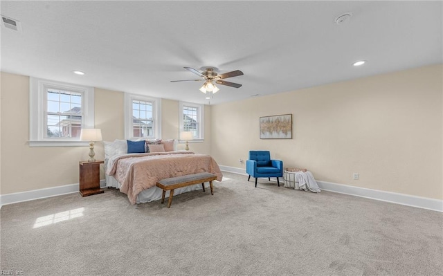 bedroom with carpet, visible vents, baseboards, and recessed lighting