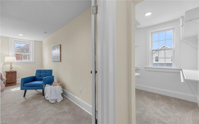 sitting room with carpet, baseboards, and recessed lighting