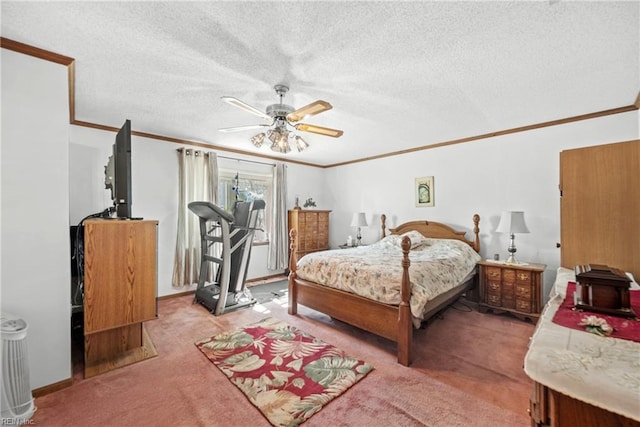 bedroom with crown molding, a ceiling fan, a textured ceiling, and light colored carpet