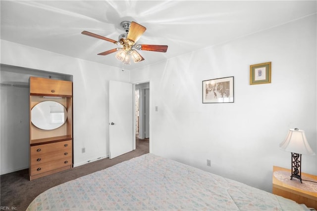 bedroom featuring ceiling fan and carpet floors