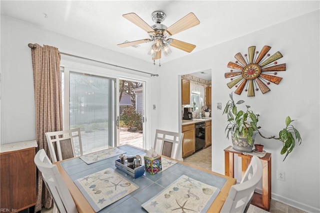 dining room featuring a ceiling fan, light tile patterned flooring, and baseboards