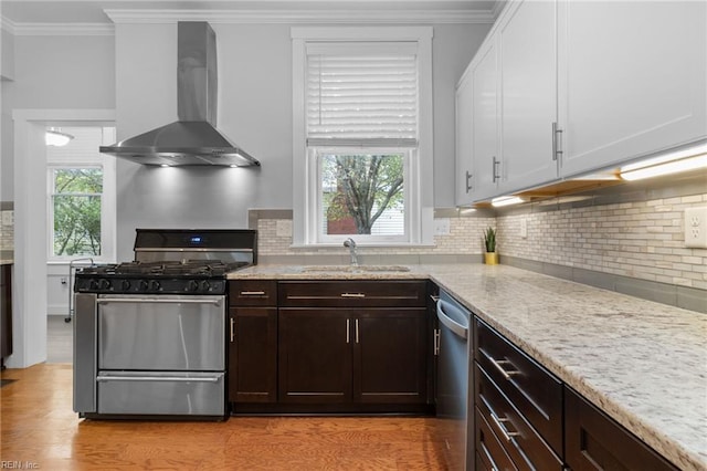 kitchen featuring stainless steel appliances, a sink, ornamental molding, decorative backsplash, and wall chimney exhaust hood