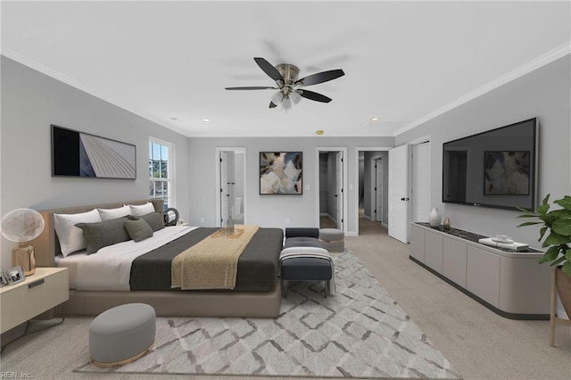 bedroom featuring ornamental molding, recessed lighting, and light colored carpet