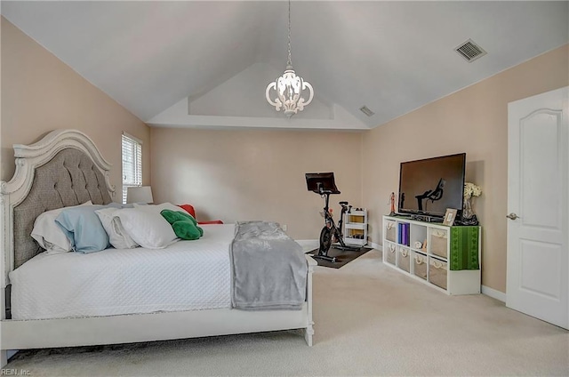 carpeted bedroom featuring a chandelier, visible vents, vaulted ceiling, and baseboards