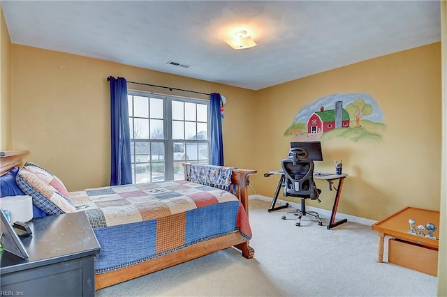 bedroom featuring baseboards, visible vents, and carpet flooring