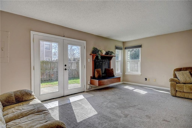 doorway to outside featuring carpet floors, french doors, a textured ceiling, electric panel, and baseboards