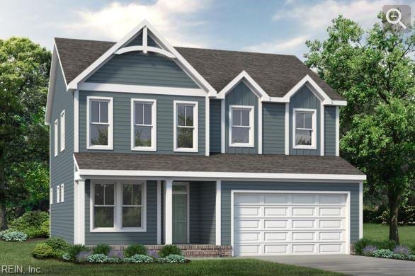 view of front facade with a shingled roof, driveway, and an attached garage