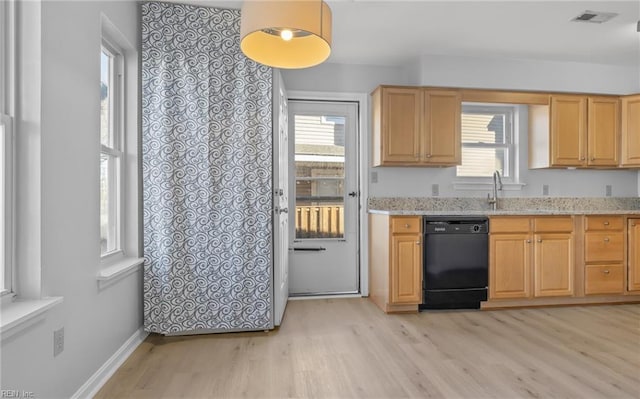 kitchen featuring black dishwasher, light stone counters, light wood-style flooring, and a wealth of natural light