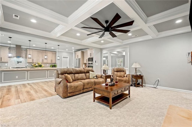 living room with recessed lighting, beam ceiling, coffered ceiling, and baseboards