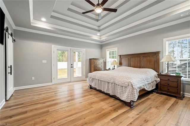 bedroom with access to exterior, a raised ceiling, multiple windows, and a barn door