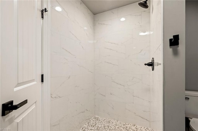 bathroom featuring toilet and a shower stall