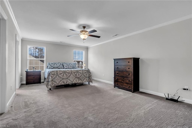 carpeted bedroom featuring visible vents, crown molding, baseboards, and ceiling fan