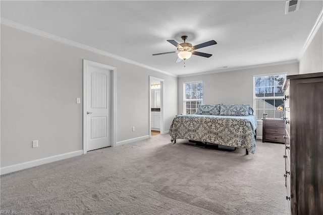 bedroom featuring light colored carpet, visible vents, crown molding, and baseboards