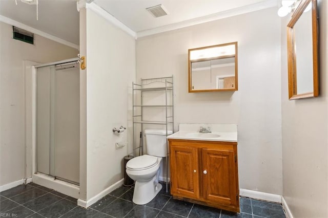 full bathroom featuring visible vents, crown molding, a shower stall, and toilet